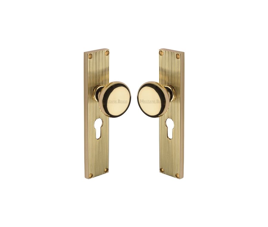 Heritage Brass Polished Brass Victoria Door Knob on Reeded Plate - Euro Profile Set