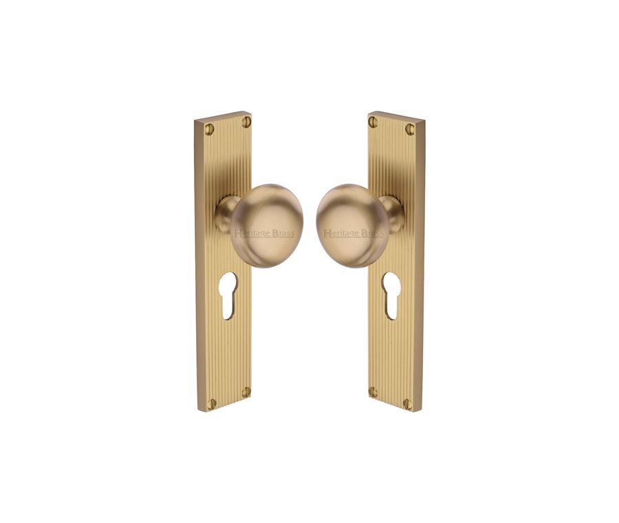 Heritage Brass Satin Brass Victoria Door Knob on Reeded Plate - Euro Profile Set