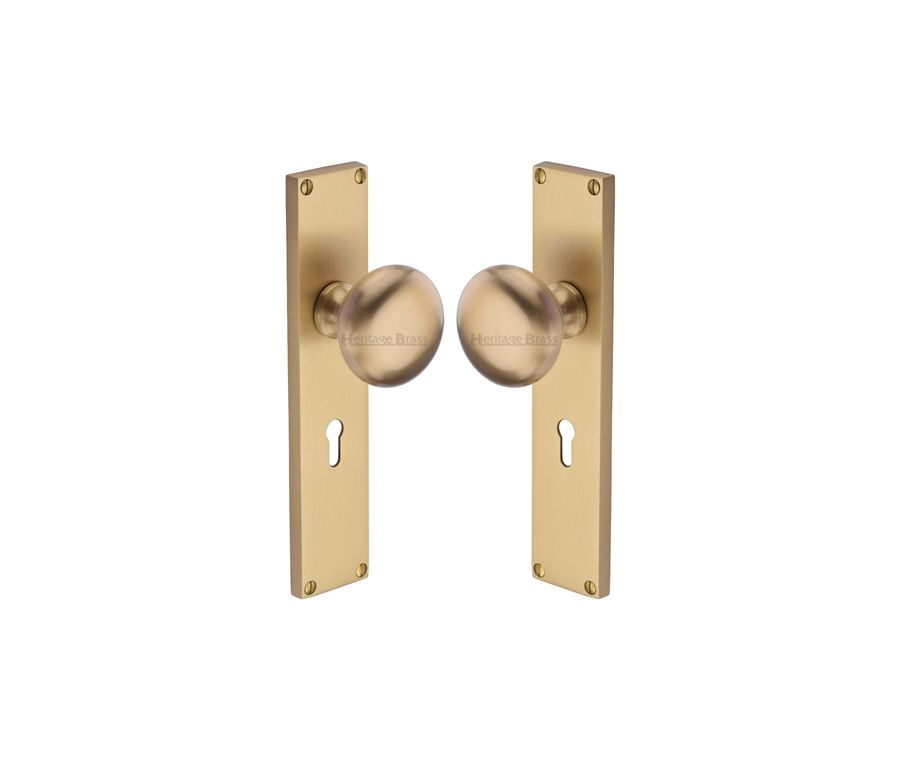 Heritage Brass Satin Brass Victoria Door Knob on Plate - Lock Set