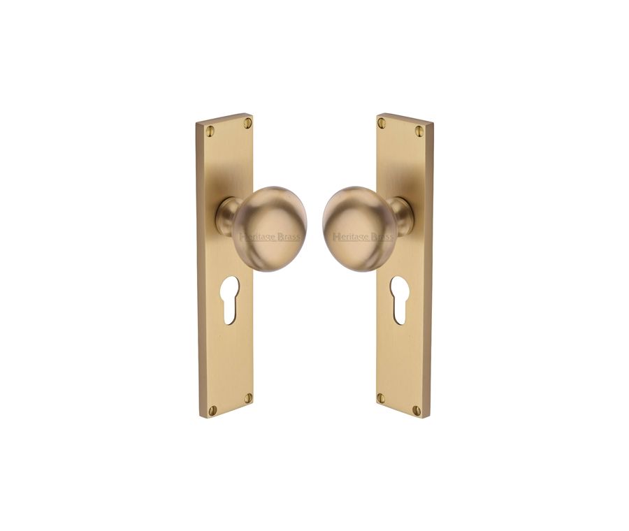 Heritage Brass Satin Brass Victoria Door Knob on Plate - Euro Lock Set