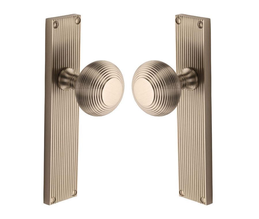 Heritage Brass Satin Nickel Beehive Door Knob on Reeded Plate - Latch Set