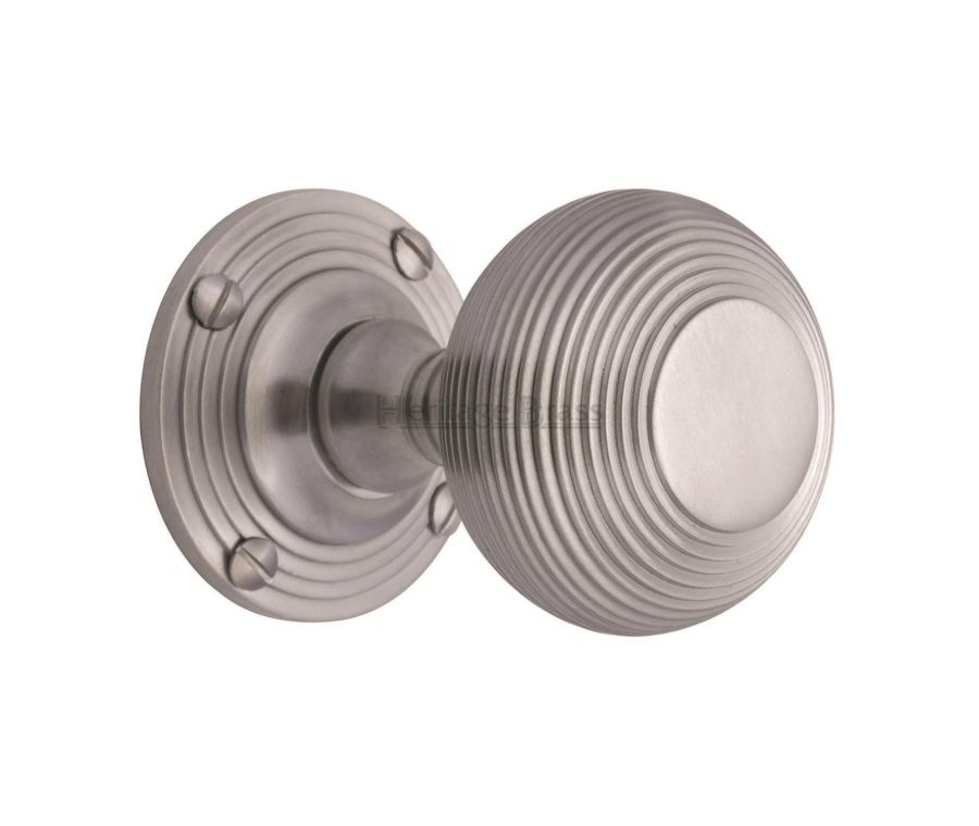 Heritage Brass Satin Chrome Reeded Mortice Door Knob on Rose