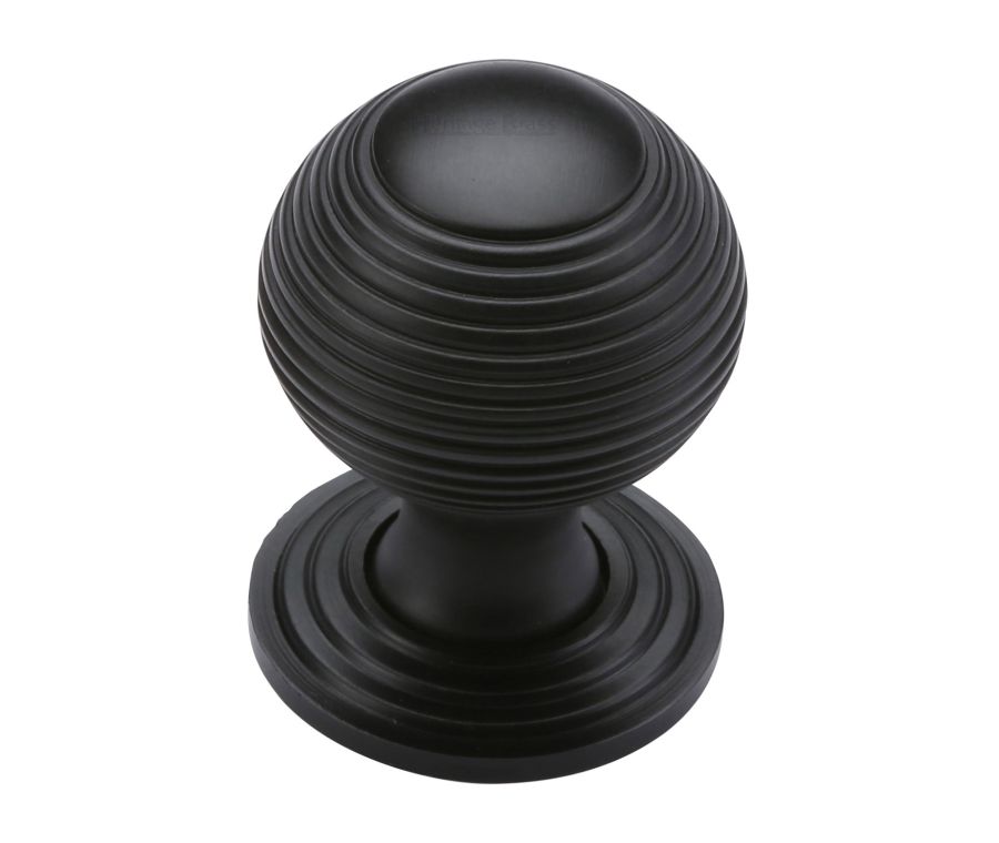 Heritage Brass Matt Black Reeded Cabinet Knob with Base 32mm