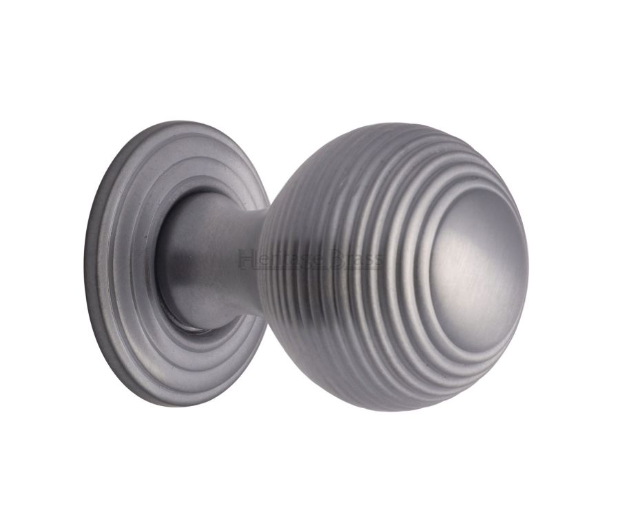 Heritage Brass Satin Chrome Reeded Cabinet Knob with Base 32mm