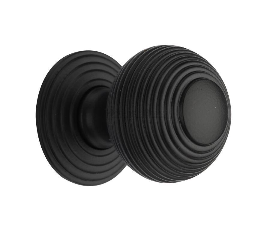 Heritage Brass Matt Black Reeded Cabinet Knob with Base 38mm