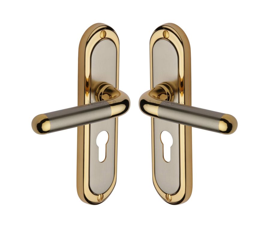 Heritage Brass Jupiter Split Finish Vienna Door Handle on Plate - Euro Profile