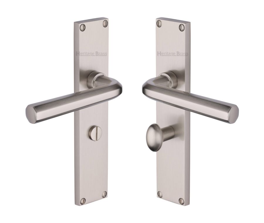 Heritage Brass Satin Nickel Octave Door Handle on 200mm Plate - Bathroom Set