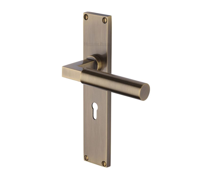 Heritage Brass Antique Brass Bauhaus Door Handle on 200mm Plate - Lever Lock