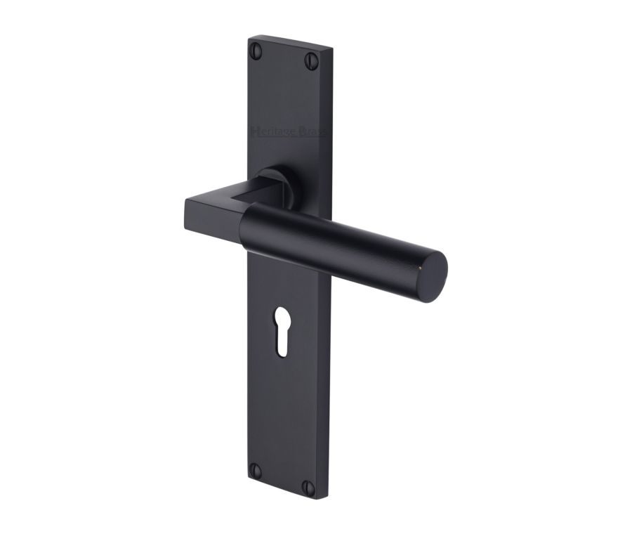 Heritage Brass Matt Black Bauhaus Door Handle on 200mm Plate - Lever Lock