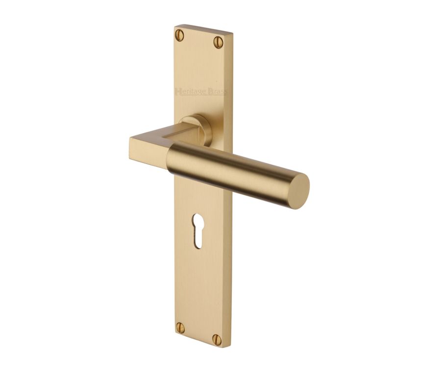 Heritage Brass Satin Brass Bauhaus Door Handle on 200mm Plate - Lever Lock