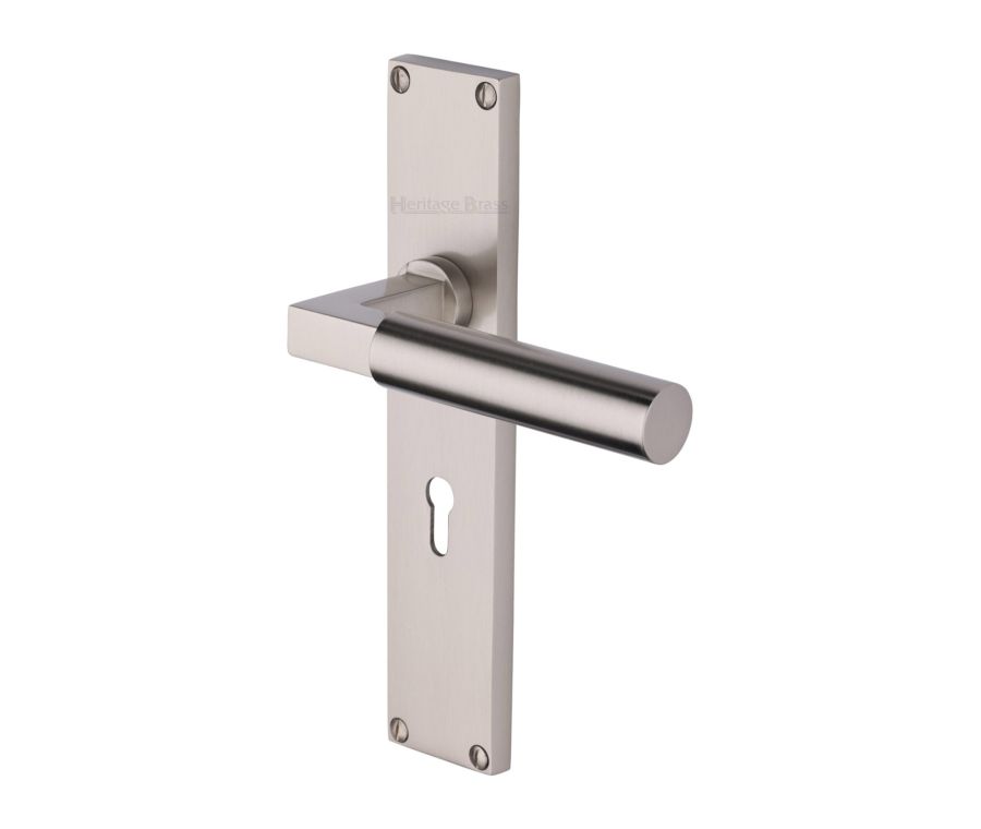 Heritage Brass Satin Nickel Bauhaus Door Handle on 200mm Plate - Lever Lock