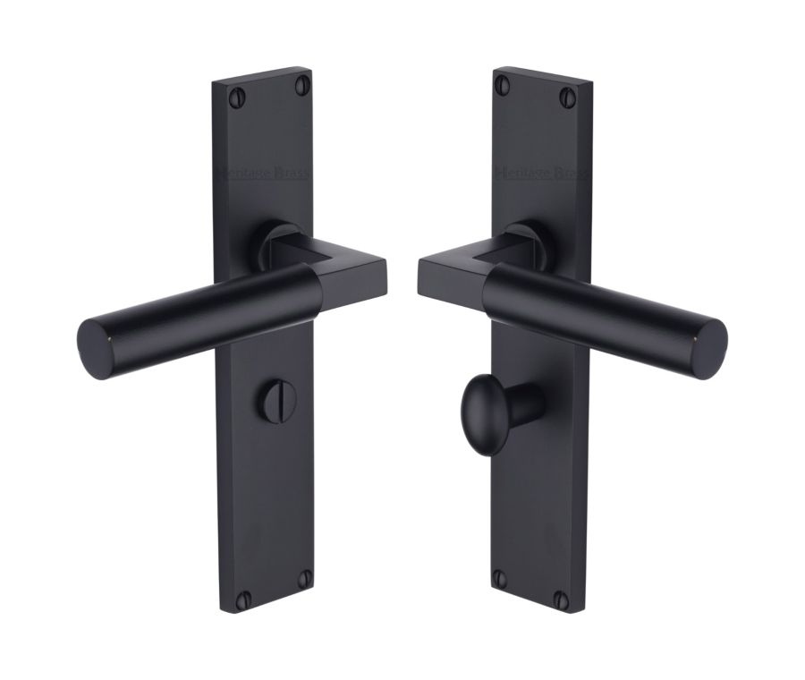Heritage Brass Matt Black Bauhaus Door Handle on 200mm Plate - Bathroom Set