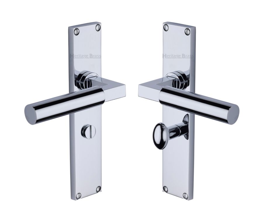 Heritage Brass Polished Chrome Bauhaus Door Handle on 200mm Plate - Bathroom Set