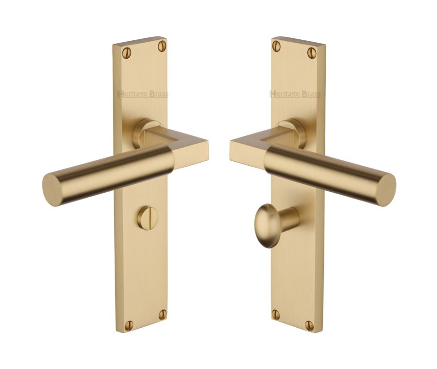 Heritage Brass Satin Brass Bauhaus Door Handle on 200mm Plate - Bathroom Set