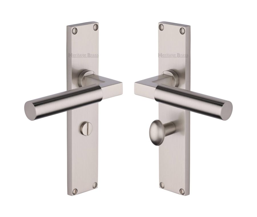 Heritage Brass Satin Nickel Bauhaus Door Handle on 200mm Plate - Bathroom Set