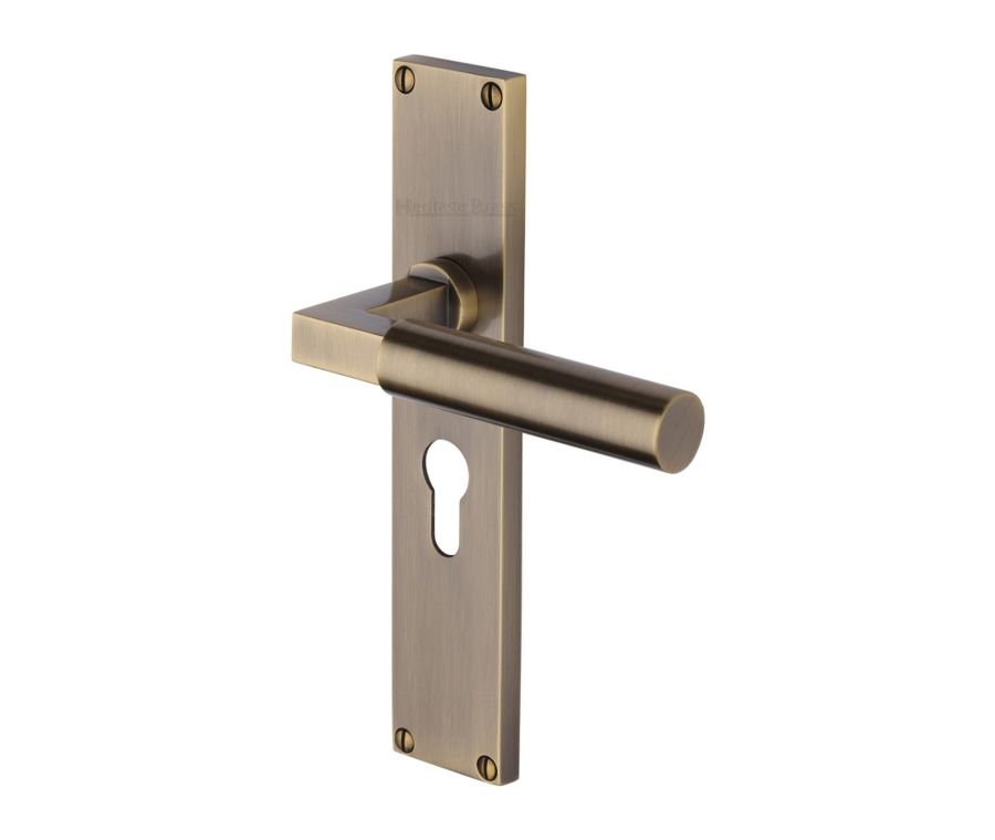 Heritage Brass Antique Brass Bauhaus Door Handle on 200mm Plate - Euro Profile