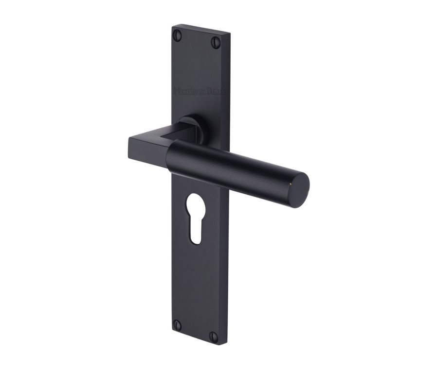 Heritage Brass Matt Black Bauhaus Door Handle on 200mm Plate - Euro Profile