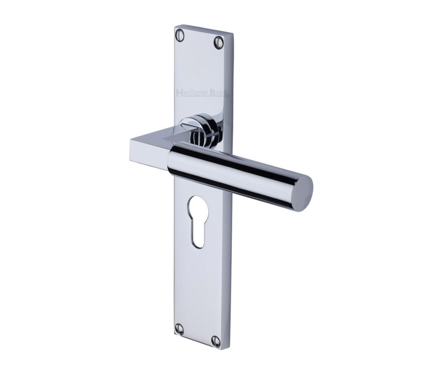 Heritage Brass Polished Chrome Bauhaus Door Handle on 200mm Plate - Euro Profile