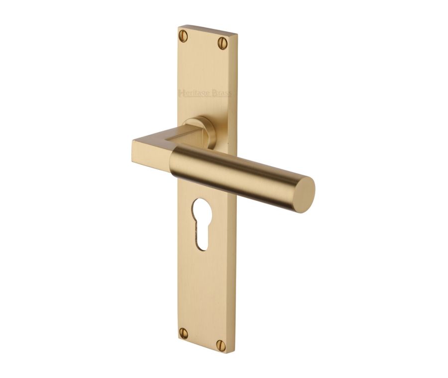Heritage Brass Satin Brass Bauhaus Door Handle on 200mm Plate - Euro Profile