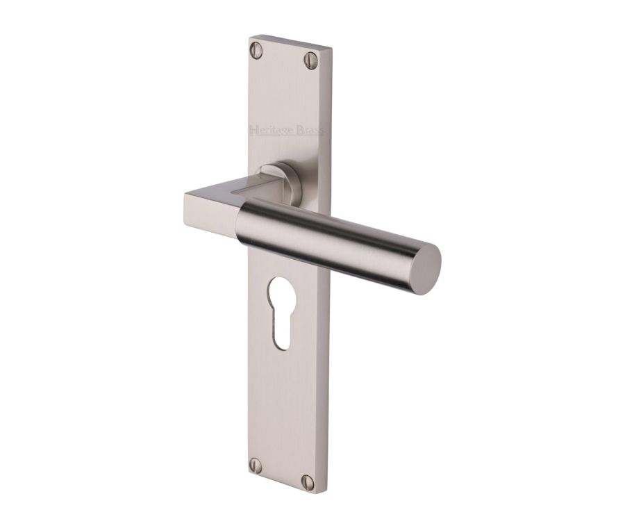 Heritage Brass Satin Nickel Bauhaus Door Handle on 200mm Plate - Euro Profile