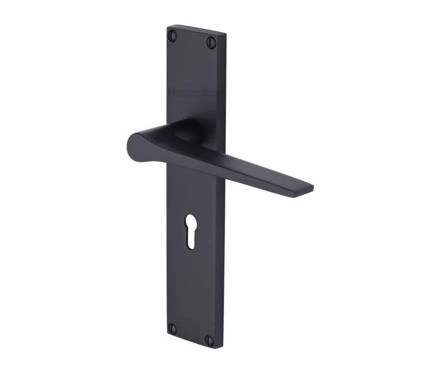 Heritage Brass Matt Black Gio Door Handle on 200mm Plate - Lever Lock