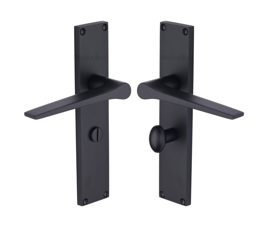Heritage Brass Matt Black Gio Door Handle on 200mm Plate - Bathroom Set