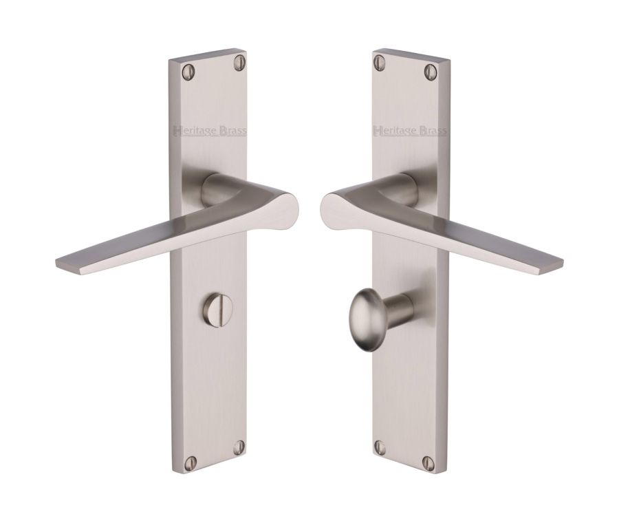Heritage Brass Satin Nickel Gio Door Handle on 200mm Plate - Bathroom Set