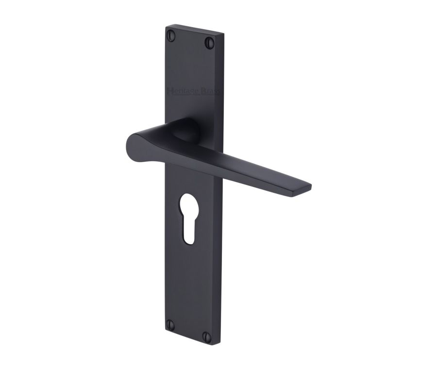 Heritage Brass Matt Black Gio Door Handle on 200mm Plate - Euro Profile