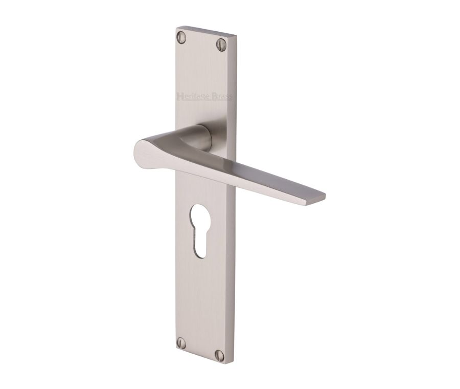 Heritage Brass Satin Nickel Gio Door Handle on 200mm Plate - Euro Profile