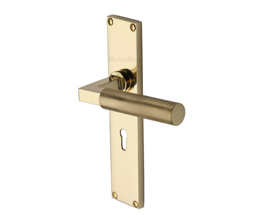Heritage Brass Polished Brass Bauhaus Knurled Door Handle on Plate - Lever Lock