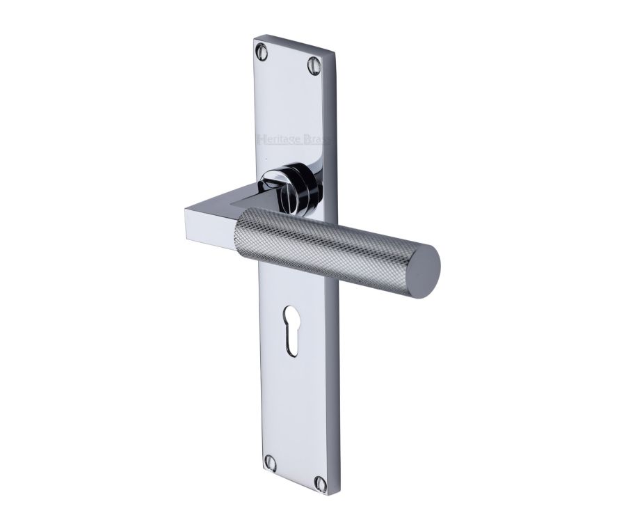 Heritage Brass Polished Chrome Bauhaus Knurled Door Handle on Plate - Lever Lock