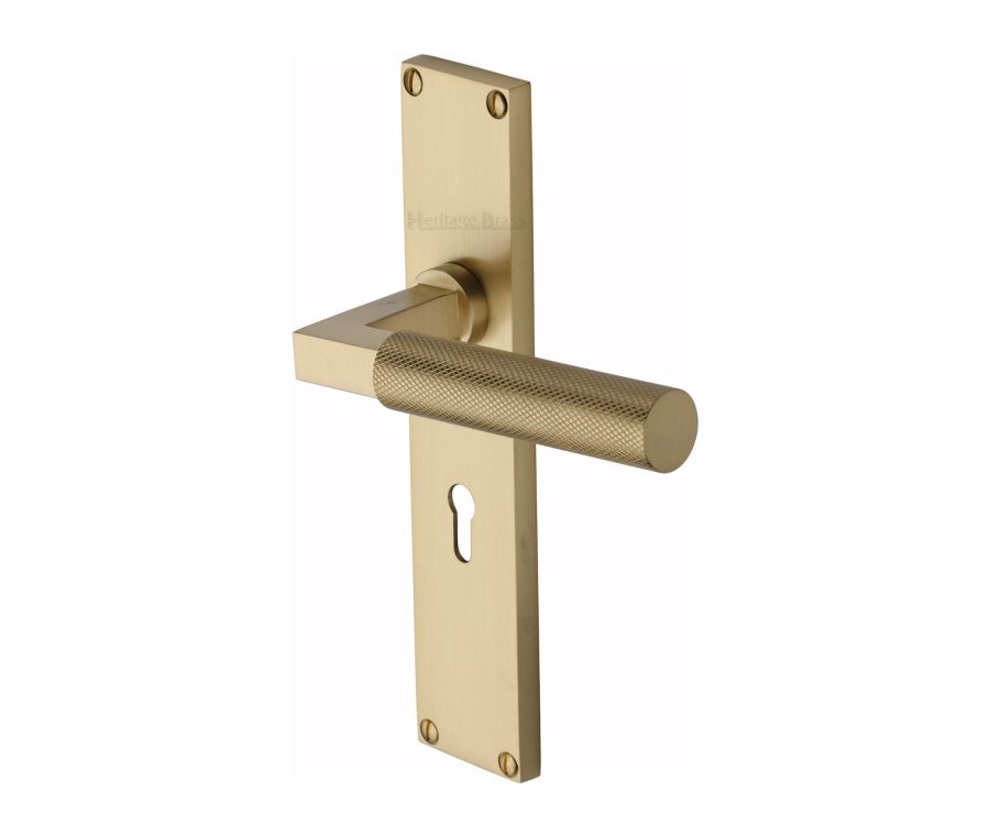 Heritage Brass Satin Brass Bauhaus Knurled Door Handle on Plate - Lever Lock