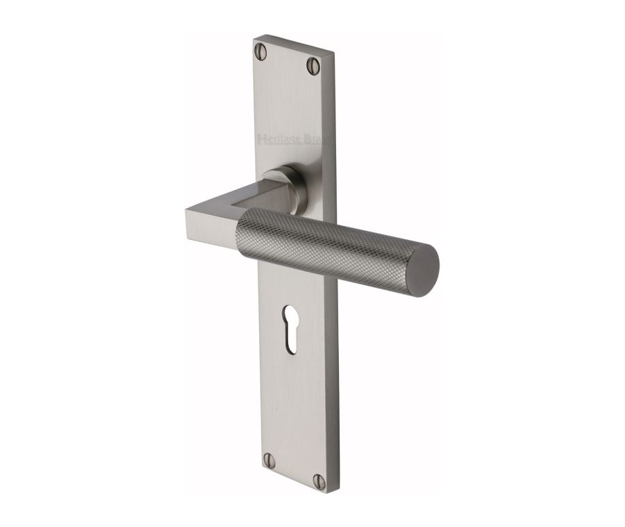 Heritage Brass Satin Nickel Bauhaus Knurled Door Handle on Plate - Lever Lock