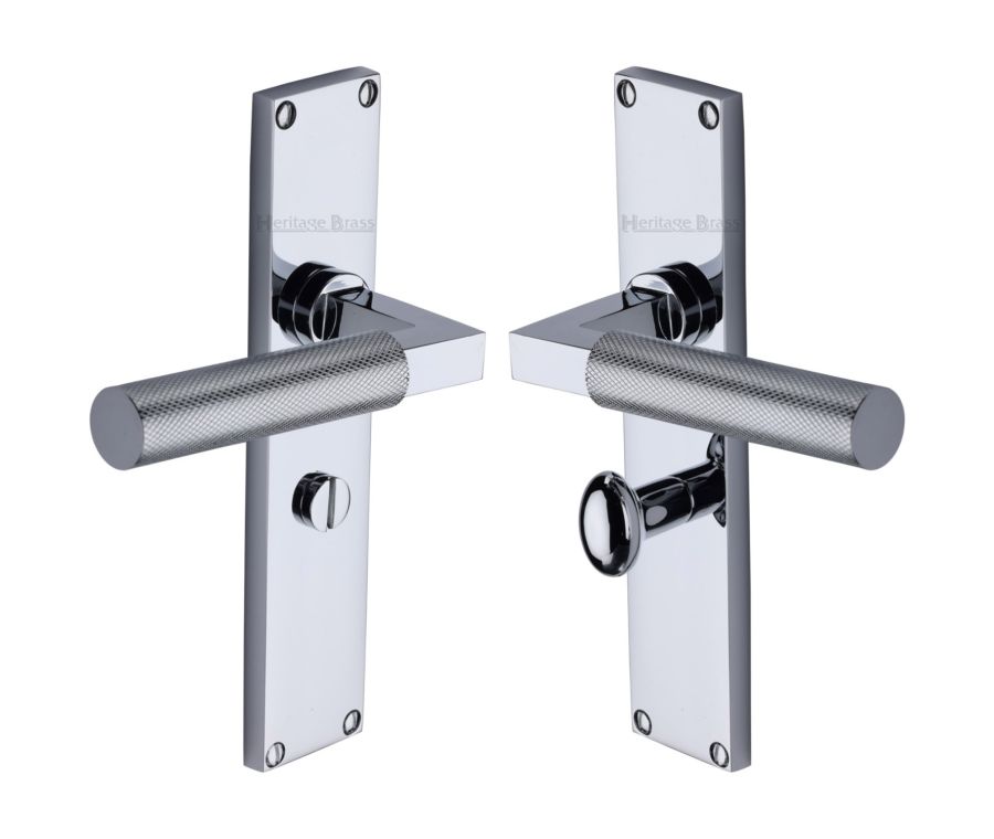 Heritage Brass Polished Chrome Bauhaus Knurled Door Handle on Plate - Bathroom Set