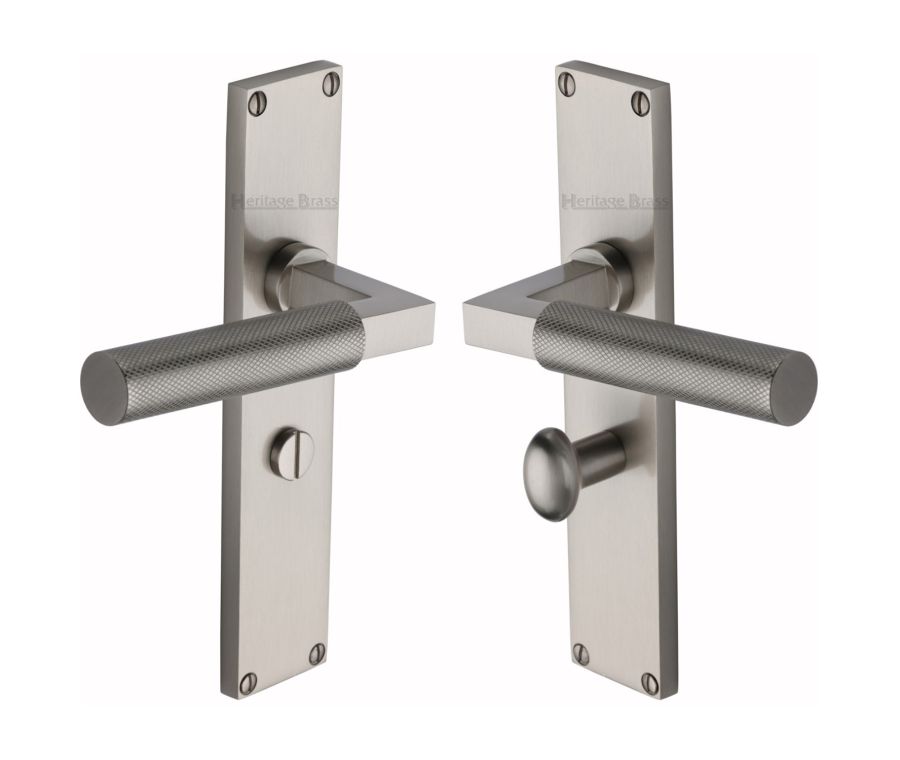 Heritage Brass Satin Nickel Bauhaus Knurled Door Handle on Plate - Bathroom Set