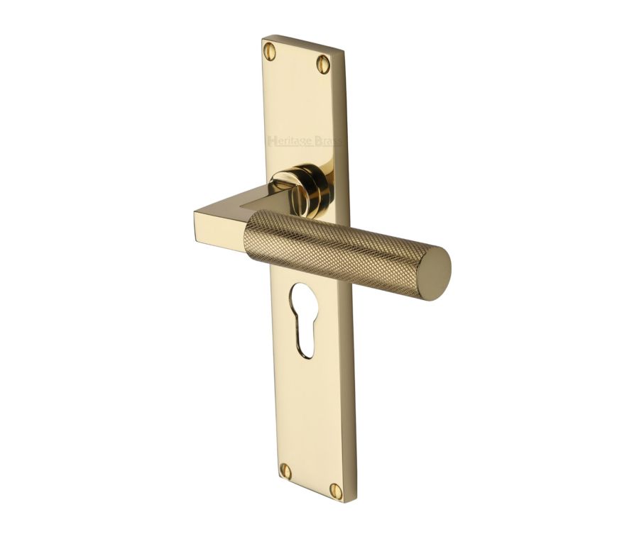 Heritage Brass Polished Brass Bauhaus Knurled Door Handle on Plate - Euro Profile