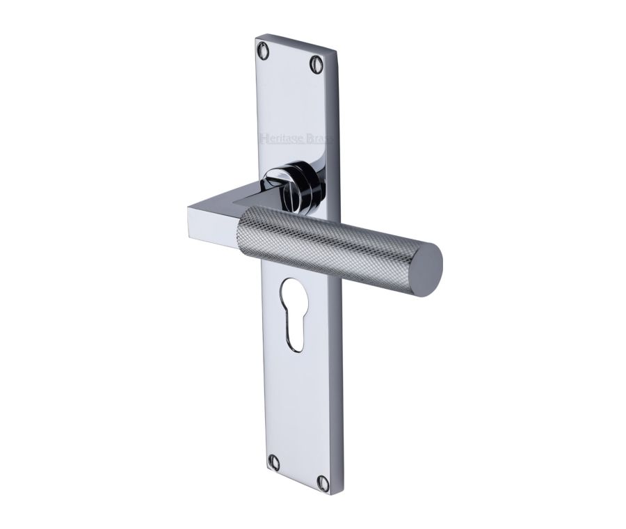 Heritage Brass Polished Chrome Bauhaus Knurled Door Handle on Plate - Euro Profile