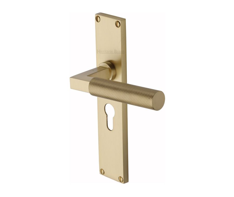 Heritage Brass Satin Brass Bauhaus Knurled Door Handle on Plate - Euro Profile
