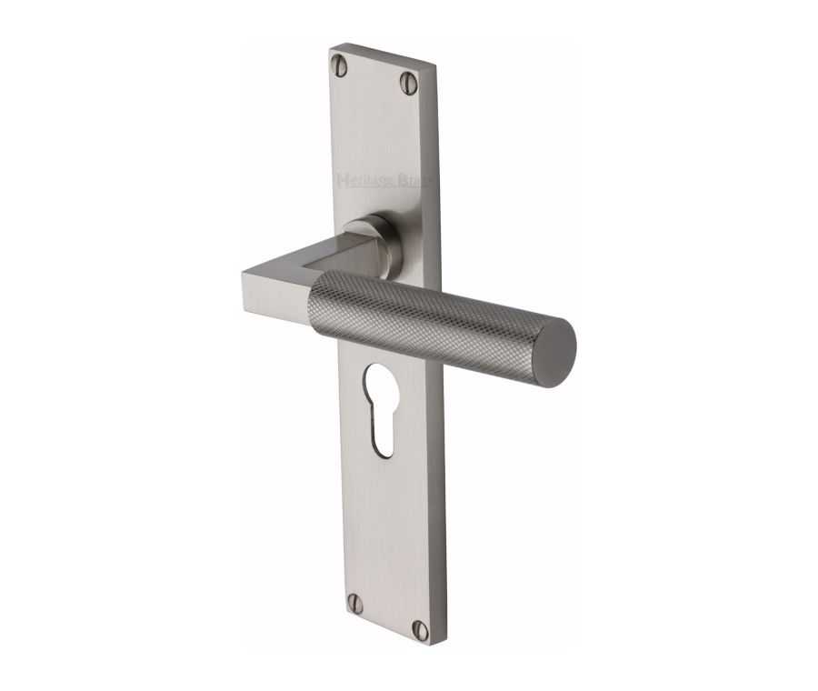 Heritage Brass Satin Nickel Bauhaus Knurled Door Handle on Plate - Euro Profile