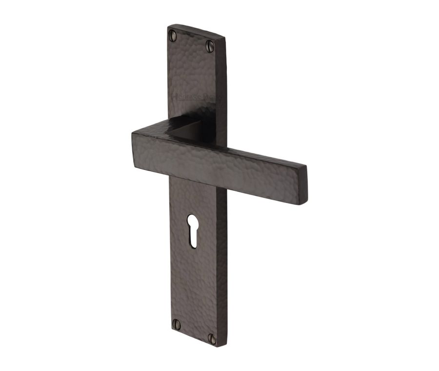 Heritage Brass Matt Bronze Delta Hammered Door Handle on Plate - Lever Lock