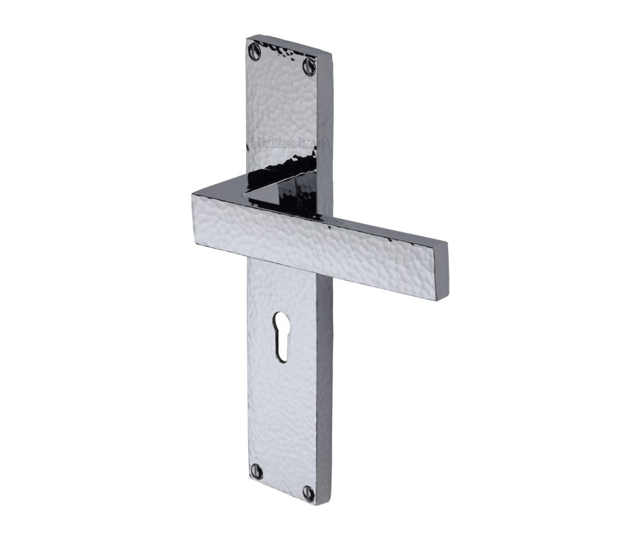Heritage Brass Polished Chrome Delta Hammered Door Handle on Plate - Lever Lock