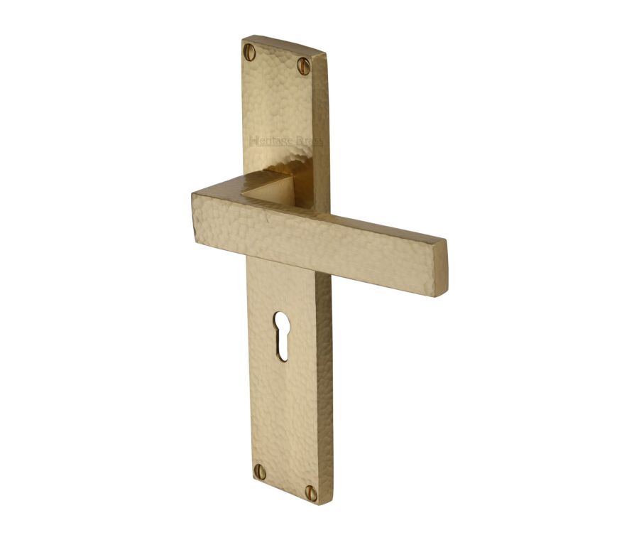 Heritage Brass Satin Brass Delta Hammered Door Handle on Plate - Lever Lock