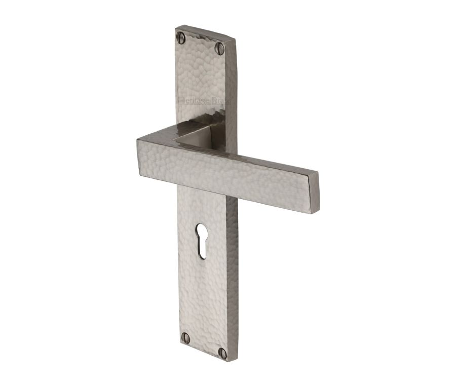 Heritage Brass Satin Nickel Delta Hammered Door Handle on Plate - Lever Lock