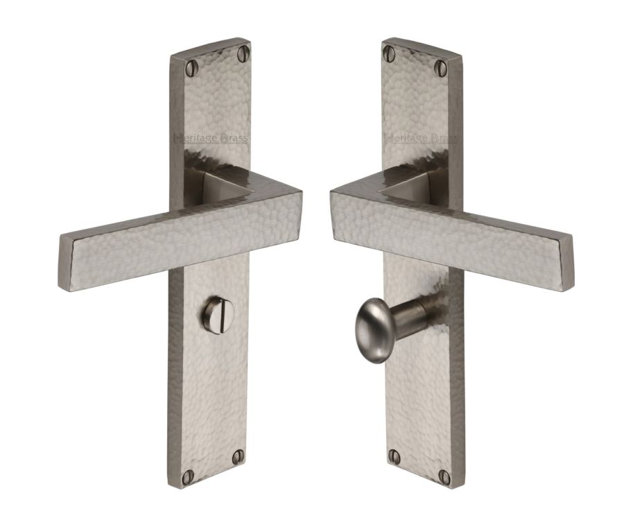 Heritage Brass Satin Nickel Delta Hammered Door Handle on Plate - Bathroom Set