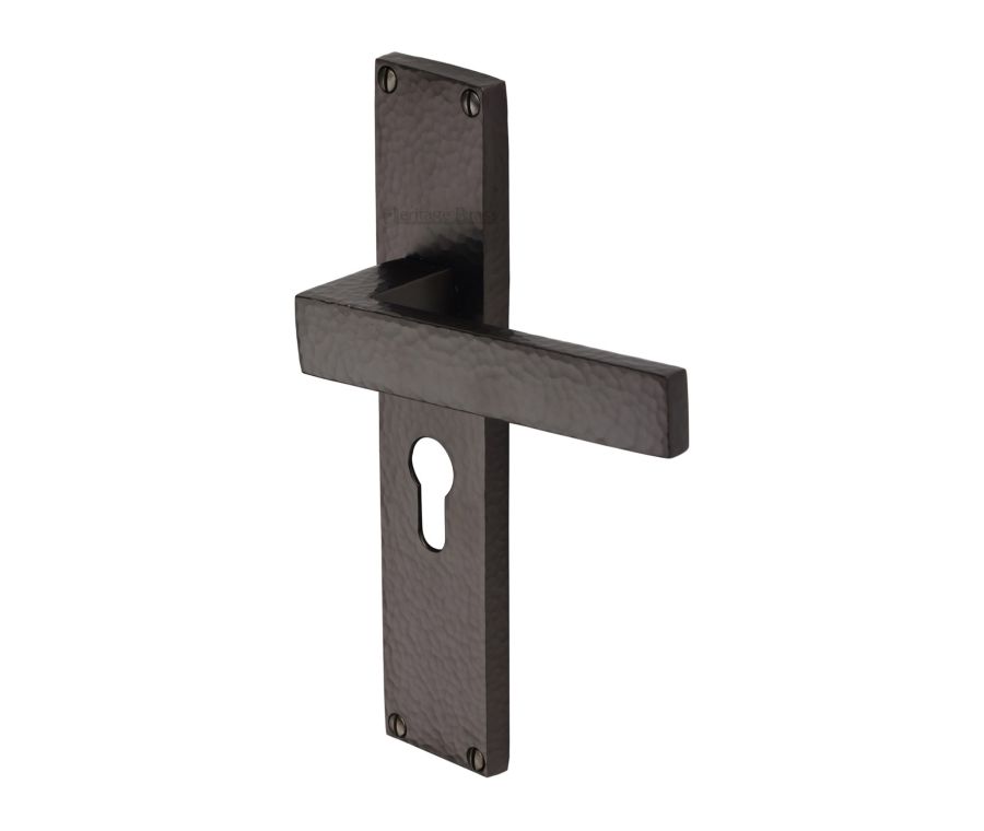 Heritage Brass Matt Bronze Delta Hammered Door Handle on Plate - Euro Profile