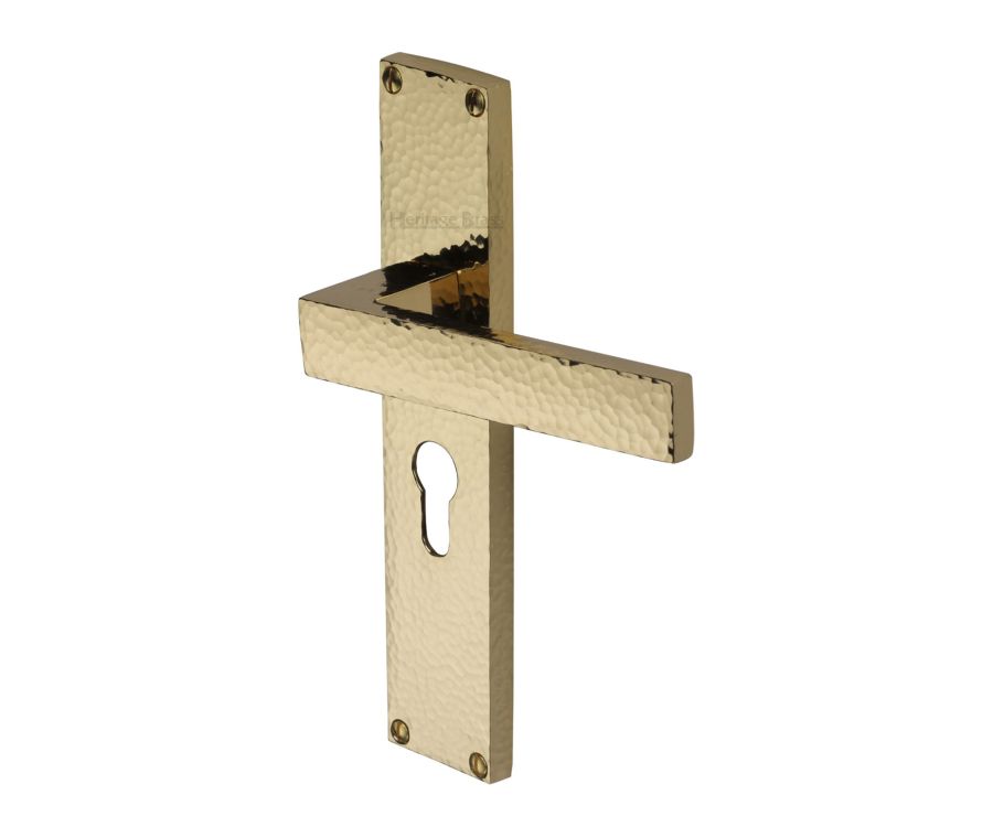 Heritage Brass Polished Brass Delta Hammered Door Handle on Plate - Euro Profile