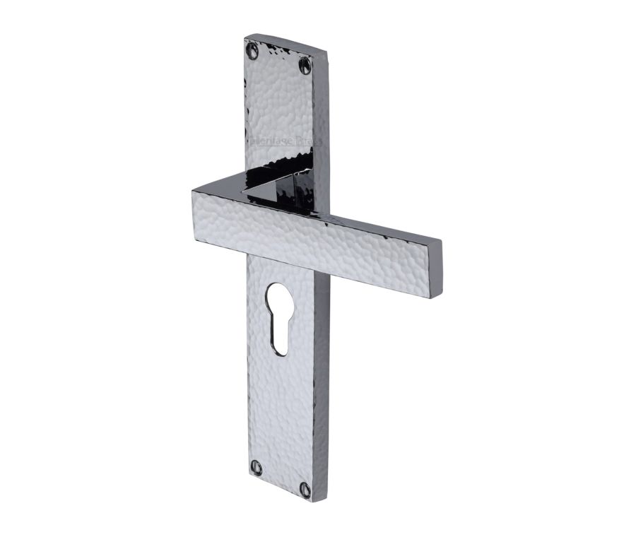 Heritage Brass Polished Chrome Delta Hammered Door Handle on Plate - Euro Profile
