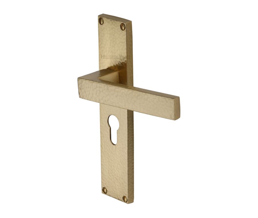 Heritage Brass Satin Brass Delta Hammered Door Handle on Plate - Euro Profile