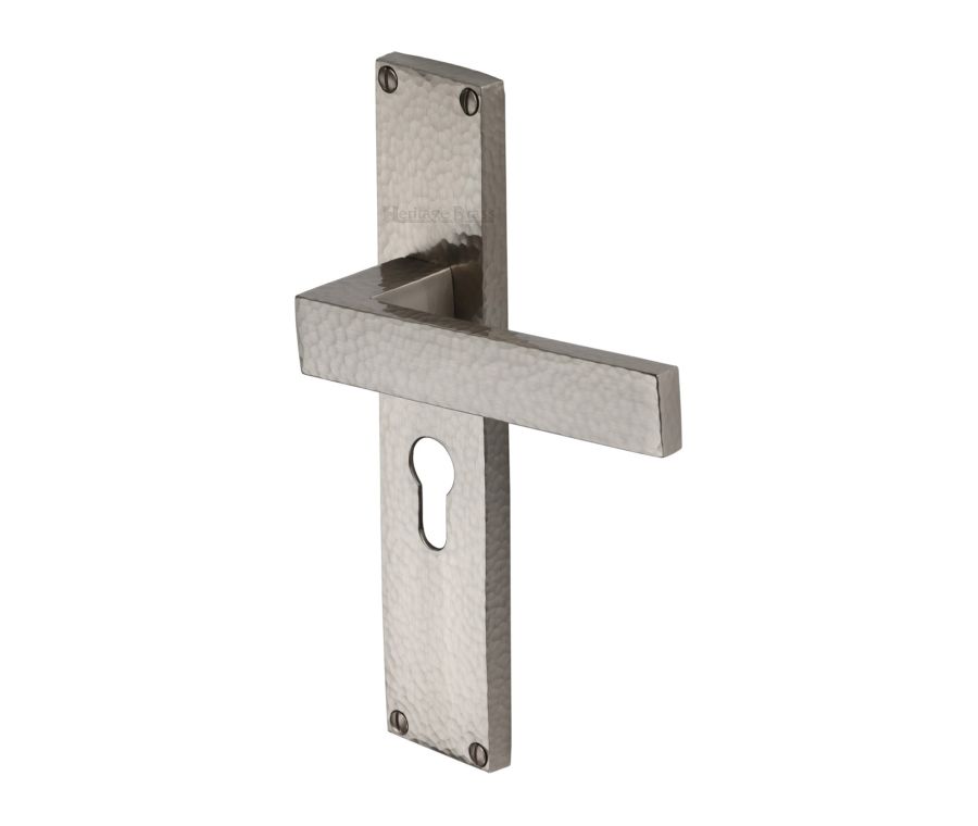 Heritage Brass Satin Nickel Delta Hammered Door Handle on Plate - Euro Profile