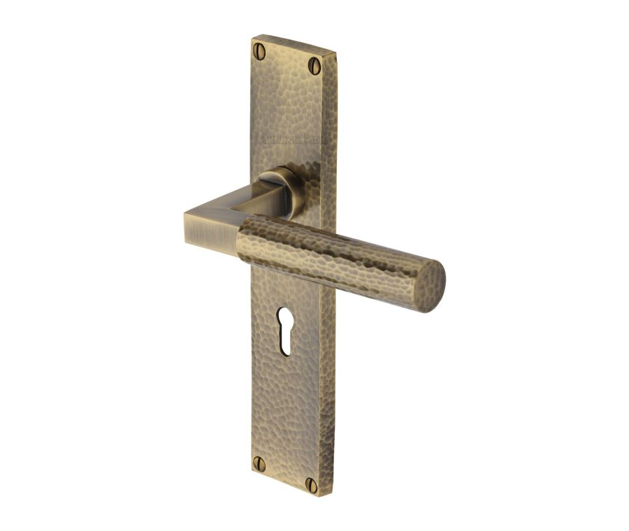 Heritage Brass Antique Brass Bauhaus Hammered Door Handle on Plate - Lever Lock